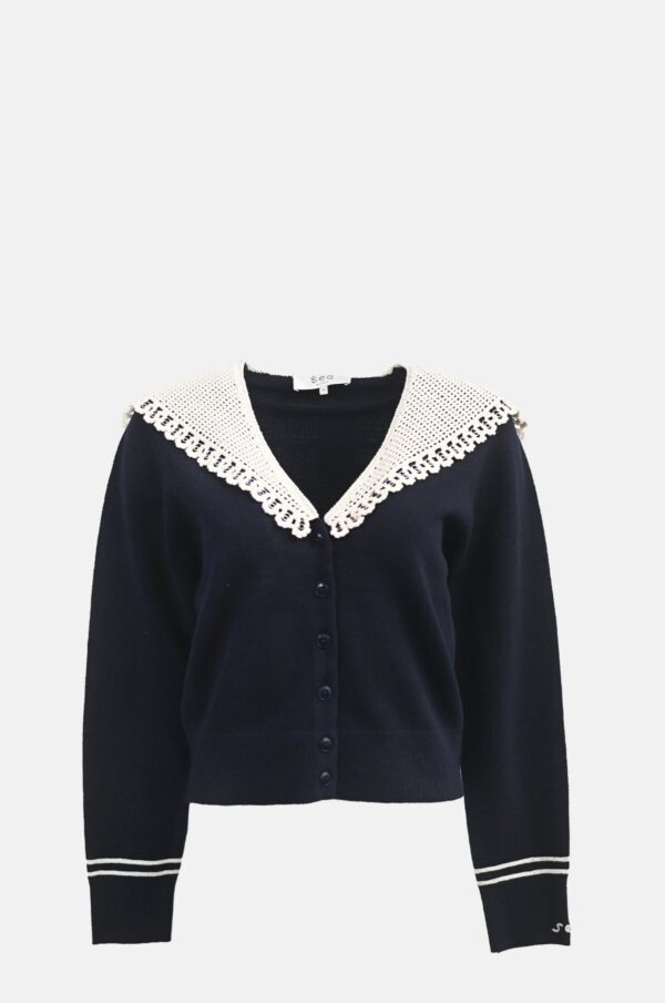 Aceberry Marie Navy Knit Embroidered Cardigan – Long Sleeve