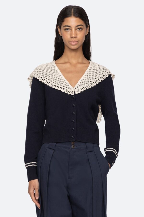 Aceberry Marie Navy Knit Embroidered Cardigan – Long Sleeve - Image 2